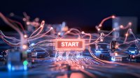 Glowing circuit board with illuminated START text in neon red, featuring flowing light trails and electronic components in blue tones against dark background.