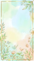Soft pastel watercolor background with gold floral frame, green leaves, birds, and butterflies for wedding, greeting card, or social media.