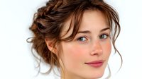 Young Caucasian woman with natural makeup, blue eyes and brown hair styled in romantic updo with loose curls smiling gently against white background.