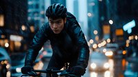 Young Asian male cyclist in protective gear riding bicycle through rainy city streets at dusk, illuminated by bokeh lights and car headlights in urban setting.