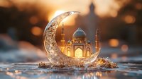 Magical mosque on decorative crescent moon with glowing lights and reflections in water against sunset sky, Ramadan Kareem celebration atmosphere.