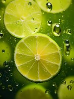 Fresh lime slices floating in sparkling water with pure water drops and bubbles on green background, macro shot for beverage and cocktail advertising.