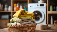Fresh laundry folded neatly in wicker basket with washing machine in background, warm yellow and beige tones create cozy laundry room atmosphere.