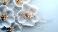 Delicate white plum or cherry blossoms with golden stamens on light background, featuring soft shadows and elegant floral composition for wedding designs and spring themes.