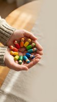 Hands holding colorful wooden peg dolls in rainbow colors for creative play and educational activities in warm natural light setting.
