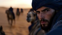 Middle Eastern man with dark beard wearing traditional turban in desert setting with camels silhouetted against sunset sky, dramatic portrait capturing cultural heritage.