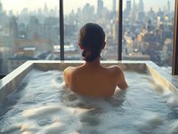 Young Asian woman relaxing in luxury rooftop hot tub with panoramic city skyline view at sunset, steam rising from therapeutic spa waters.