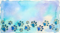 Watercolor paw prints in blue and teal tones on soft pastel background with organic edges, suitable for pet-related designs and animal-themed projects.