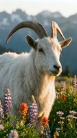 White goat with curved horns standing in alpine meadow with wildflowers and mountain peaks in background. Suitable for nature, agriculture, and livestock photography.