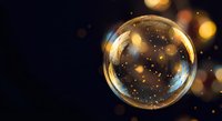 Golden transparent sphere with sparkling particles floating against dark background with warm bokeh lights for luxury design projects.