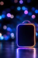 Glowing neon backpack silhouette against dark background with blue and purple bokeh lights creating futuristic atmosphere for technology and fashion concepts.