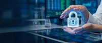 Hands protecting glowing padlock icon over digital interface, representing cybersecurity, data protection, and secure network technology for business and IT solutions.
