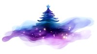 Magical Christmas tree silhouette on watercolor galaxy background with glowing stars and cosmic purple waves, winter holiday art for greeting cards.