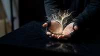Businessman holding glowing light bulb with wire filaments in cupped hands representing innovation, creativity and bright ideas for business solutions.