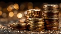 Golden coins stacked in multiple piles on textured surface with warm bokeh lights creating luxurious financial investment atmosphere for business concepts.