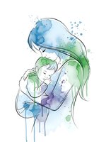 Watercolor mother holding newborn baby with flowing hair and paint splashes on white background for motherhood designs and nursery decor.
