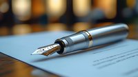 Elegant fountain pen with metallic silver finish resting on business document, shallow depth of field with soft bokeh background creates professional atmosphere.