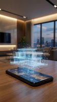 Smartphone displaying holographic building blueprint projection in modern apartment with city skyline view for architectural visualization and real estate technology.