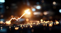 Glowing financial chart showing upward trend with bokeh light effects and reflective surface, depicting market growth and business success in dark background.