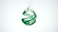 Dynamic green water splash forming elegant spiral shape with droplets against white background for refreshing beverage and hydration concepts.