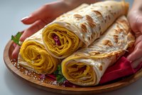 Delicious homemade crepes rolled with pumpkin filling served on wooden plate with fresh herbs and pomegranate seeds. Perfect for breakfast or dessert menu photography.