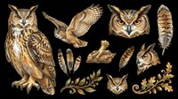 Owl illustrations set with isolated birds, feathers, and botanical elements on transparent background, ready for t-shirt design, clipart, stickers, sublimation, and print-on-demand projects.