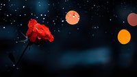 Red rose illuminated against dark starry night sky with glowing orange and red bokeh lights, creating mystical romantic atmosphere. Perfect for valentines designs.