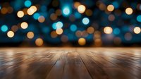 Wooden table surface with blurred bokeh lights background in blue and golden tones for product display and festive decoration concepts.