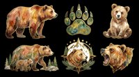 Watercolor brown bear clipart set with six elements isolated on transparent background, ready for t-shirt design, stickers, print on demand, and sublimation projects.