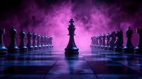 Chess queen standing on board with pawns in dramatic purple lighting, creating atmospheric strategic scene for game concepts and leadership themes.