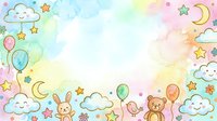 Pastel watercolor nursery background with smiling clouds, floating balloons, stars, moons, cute bunny and teddy bear. Ideal for baby shower invitations, children's room decor, greeting cards.