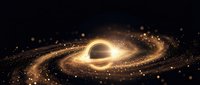 Massive black hole with glowing accretion disk and particle streams against starry space background for astronomy and science content.