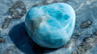 Polished blue larimar gemstone on natural stone background showcases smooth surface texture and white veining patterns characteristic of rare pectolite mineral.