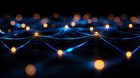 Glowing network connections with orange light dots and blue illuminated lines creating futuristic technology pattern against dark background.