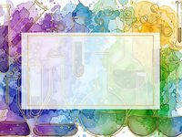 Colorful chemistry laboratory equipment border with rainbow gradient beakers, flasks and test tubes frame for scientific education materials.
