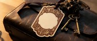 Vintage leather suitcase with ornate brass luggage tag and antique skeleton keys creating nostalgic travel atmosphere for retro design projects.