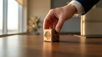 Businessman hand placing wooden cube with email symbol on desk in modern office environment for digital communication and marketing concepts.