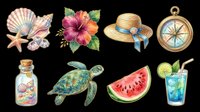 Watercolor summer clipart set with seashells, hibiscus, straw hat, compass, bottle, sea turtle, watermelon, and cocktail, isolated on transparent background, ready for stickers and print on demand.
