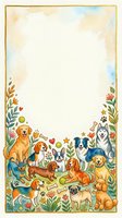 Watercolor frame with cute dogs and puppies border design featuring golden retriever, husky, beagle and other breeds with floral elements and copy space.