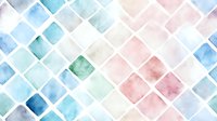 Soft geometric watercolor pattern in pastel pink, blue and mint green squares arranged diagonally creates delicate mosaic effect. Seamless repeat for fabric and paper.