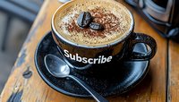 Cappuccino in black cup with subscribe text, coffee beans and cocoa powder on wooden table, creamy foam art drink with spoon on saucer.