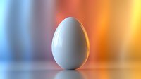 White egg on reflective surface against colorful blurred background with soft lighting and shadows, minimalist composition for food and wellness concepts.