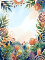 Watercolor floral frame with tropical leaves, swirls, and blooms in teal, gold, and coral tones, with copy space for text or design.