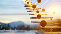 Glowing spheres with textured surfaces float between metallic bars against mountain landscape at sunset, creating futuristic scientific visualization.