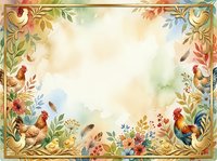 Vintage farmyard border frame with roosters, hens, and wildflowers on cream background. Ornate decorative design for invitations, cards, and rustic projects.