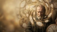 Elderly man with white beard surrounded by floating vintage pocket watches in warm golden light representing time passage and aging concept.