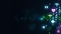 Medical healthcare technology background with glowing hexagonal icons featuring cross, DNA, heartbeat and microscope symbols on dark blue gradient.