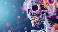 Decorative skull with pink and blue ornate patterns surrounded by glowing flowers and bokeh lights on turquoise background, mystical artistic composition.