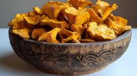 Fresh wild chanterelle mushrooms in rustic carved wooden bowl on light background, organic forest harvest for gourmet cooking and seasonal cuisine.