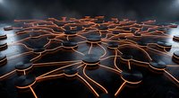Abstract hexagonal network with glowing orange connections on dark surface. Digital technology concept for blockchain, neural networks, data visualization.
